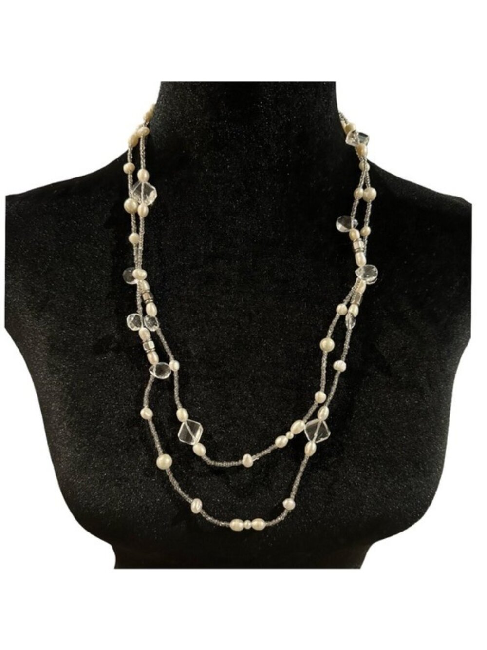 Mary Kay Necklace Beaded Long Length Toggle Closure White Silver Tone Gray Beads